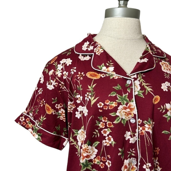 Flora Nikrooz Maroon Floral Short Sleeve Button Down Pajama Sleep Top Small - Picture 4 of 10